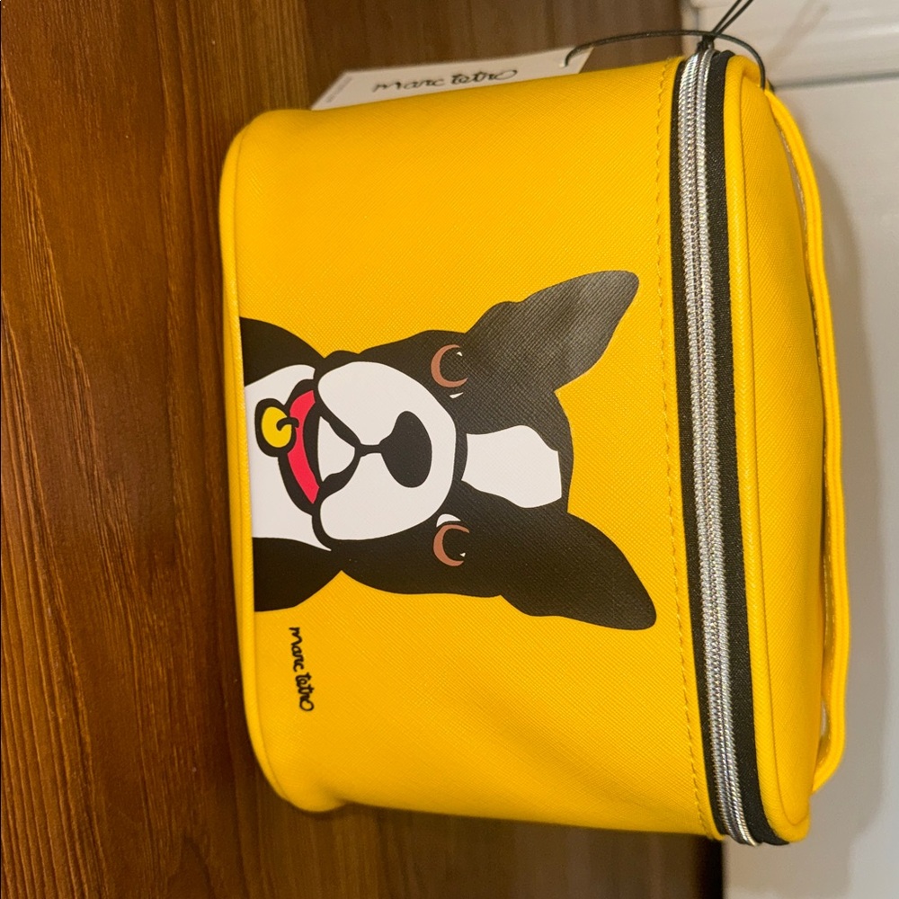 Marc Tetro Yellow Cosmetic Bag with Dog and Striped Interior, Handle NWT